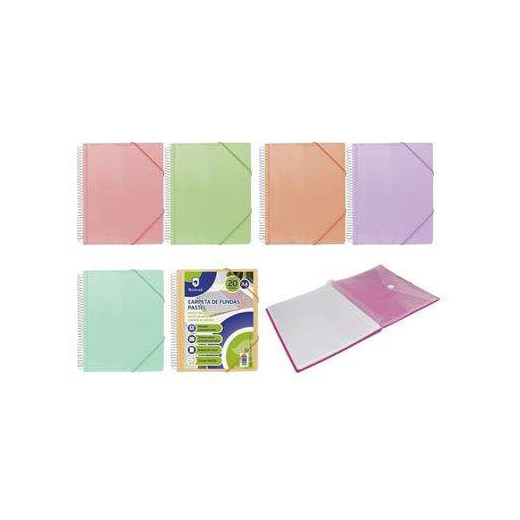 Bismark Carpeta Espiral 20 Fundas Transparentes - Polipropileno - Tamaño A4 - Espiral Plastica Indeformable - Apertura 360 Grados - Gomas de Cierre - Colores Pastel
