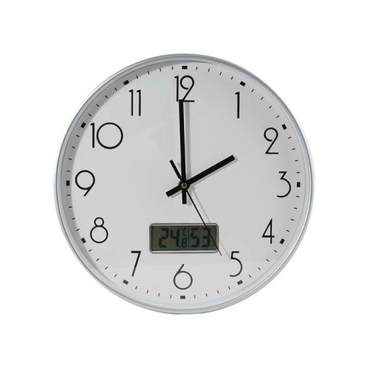 Bismark Reloj Oficina Blanco con Digital - Numeros Negros - Cristal Exterior - Manecillas de Aluminio - Marcador Digital de Temperatura y Humedad - Color Blanco