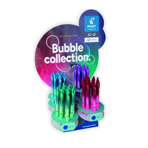Pilot G2 Bubble Collection Expositor de 48 Boligrafos de Gel Retractiles - Punta de Bola 0.7mm - Trazo 0.32mm - Grip Ergonomico - Recargable - Cuerpo de Colores Surtidos - Color de Tinta Azul