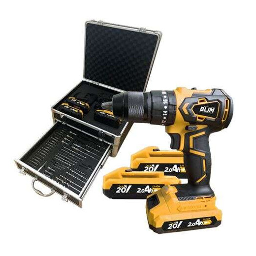 Blim Taladro Percutor a Bateria 20V 2Ah y Maletin de Aluminio con 50 Accesorios - Motor sin Escobillas - 45Nm Par Maximo - 2 Velocidades 0-450/0-1650rpm - Incluye 3 Baterias