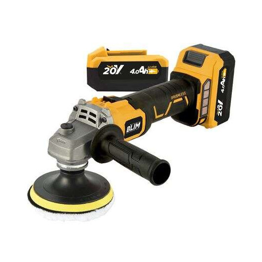 Blim Radial a Bateria 115mm 20V 4Ah + Kit de Pulido - Motor sin Escobillas - Velocidad 1000/3000/4500/8500rpm - Agarre Ergonomico - Incluye 2 Baterias y Maletin de Transporte