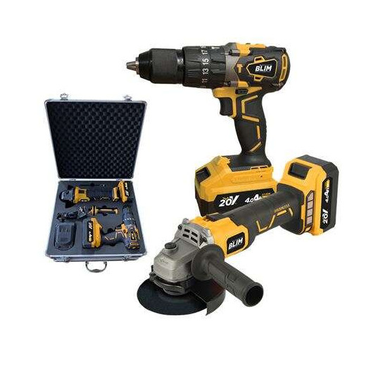 Blim Pack Radial a Bateria 20V 4Ah Velocidad 8500rpm Diametro Disco 115mm + Taladro Percutor 20V 4Ah Par Maximo 68Nm Velocidades 0-500rpm y 0-2000rpm - Incluye 2 Baterias y Maletin de Transporte de Aluminio con Accesorios