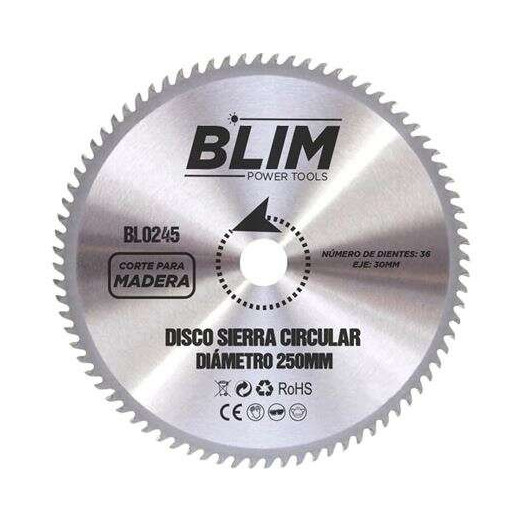 Blim Disco Corte de Madera para Sierra 250mm - 36 Dientes con Recubrimiento en Carburo de Tungsteno
