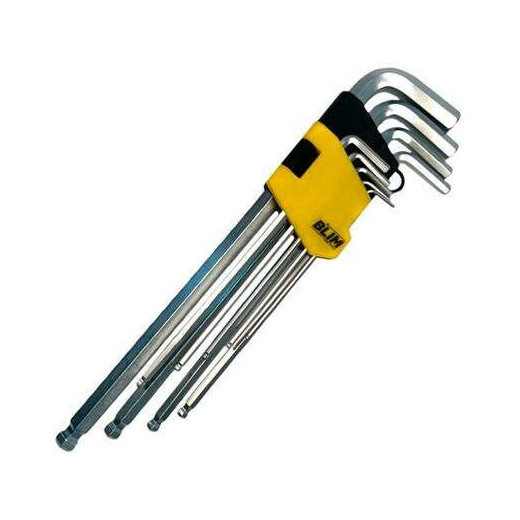 Blim Juego Llaves Allen Largas de Bola - Tamaño 1.5-2-2.5-3-4-5-6-8-10 mm - Acero Cromo Vanadio Tratado y Templado - Extremo de Bola Hasta 25º - Acabado Satinado - Color Negro