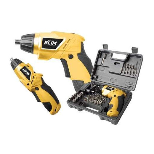 Blim Atornillador Doble Posicion Bateria 4V - Velocidad 210 Rpm - Conector Hexagonal de 1/4" (6.35 mm) - Cambio de Sentido de Giro - Capacidad de Bateria 1300 Mah - Incluye 44 Accesorios Puntas y Vasos - Cargador de Bateria - Color Negro