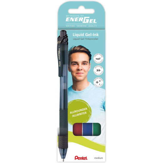 Pentel EnerGel X Pack de 4 Boligrafos de Bola Retractiles Tinta Gel - Punta 0.7mm - Trazo 0.35mm - Recargable - Grip de Agarre - 50% de Materiales Reciclados - Colores Surtidos