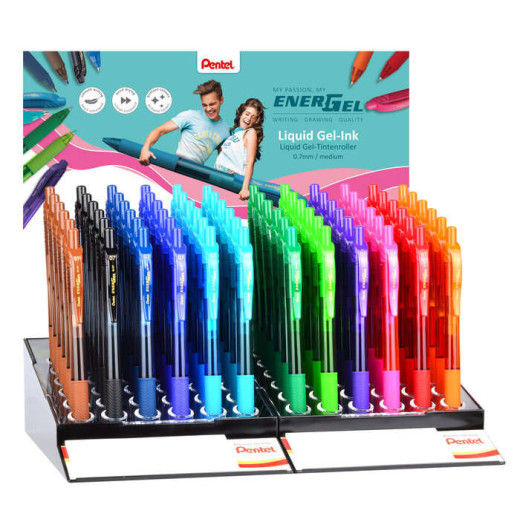 Pentel EnerGel X Expositor de 72 Boligrafos de Bola Retractiles Tinta Gel - Punta 0.7mm - Trazo 0.35mm - Recargable - Grip de Agarre - 50% de Materiales Reciclados - Colores Surtidos