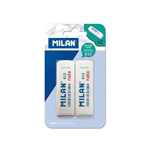 Milan Nata 612 Pack de 2 Gomas de Borrar Biseladas - Plastico - Suave - No Abrasiva - Color Blanco