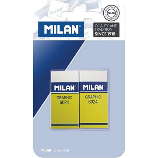 Milan Nata 6024 Graphic Pack de 2 Gomas de Borrar Rectangulares - Plastico - Faja de Carton Amarilla - No daña el Papel - Color Blanco