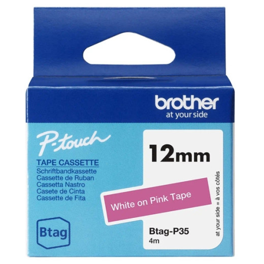 Brother Btag-P35 Cinta 12mm - Texto Blanco sobre Fondo Rosa - Medidas 12mmx4 Metros - Apta para PTN10