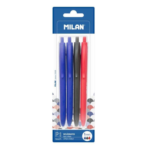 Milan P1 Touch Pack de 4 Boligrafos de Bola Retractiles - Punta Redonda 1mm - Tinta con Base de Aceite - Escritura Suave - 1.200m de Escritura - Color Azul x2