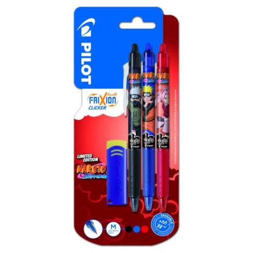 Pilot Frixion Clicker Naruto Shippuden Pack de 3 Boligrafos de Gel Retractil Borrable + Borrador - Punta de Bola 0.7mm - Trazo 0.4mm - Grip de Agarre - Color Azul