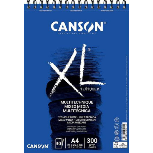 Canson Xl Mix Media Bloc de Dibujo Acuarela de 30 Hojas A4 - Grano Medio - Microperforado Espiral - 21x29.7cm - 300g - Color Blanco