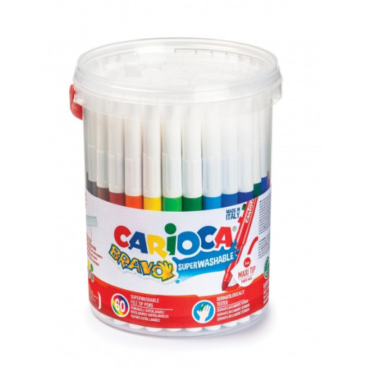 Carioca Bravo Pack de 60 Rotuladores - Cuerpo Octogonal Maxi - Tinta Superlavable - Punta Maxi 6mm Bloqueada - Tapa Ventilada - Color Varios