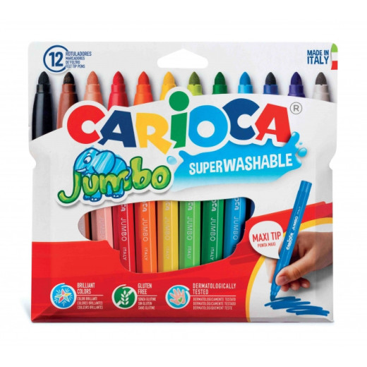 Carioca Jumbo Pack de 12 Rotuladores - Cuerpo Octogonal Maxi - Tinta Superlavable - Punta Maxi 6mm Bloqueada - Tapa Ventilada - Color Varios