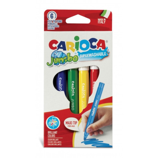 Carioca Pack de 6 Rotuladores Jumbo - Cuerpo Octogonal Maxi - Tinta Superlavable - Punta Maxi 6mm Bloqueada - Tapa Ventilada - Color Varios