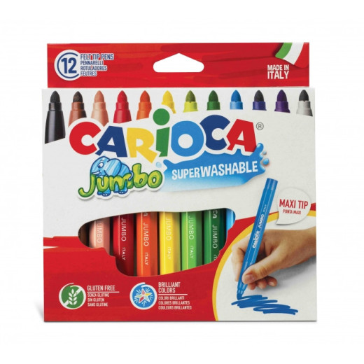 Carioca Jumbo Pack de 12 Rotuladores - Cuerpo Octogonal Maxi - Tinta Superlavable - Punta Maxi 6mm Bloqueada - Tapa Ventilada - Color Varios
