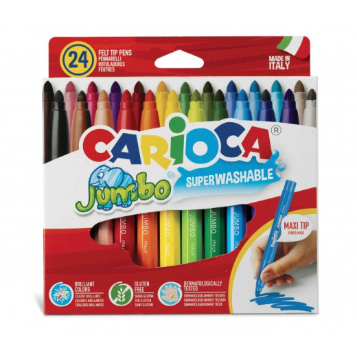 Carioca Jumbo Pack de 24 Rotuladores - Cuerpo Octogonal Maxi - Tinta Superlavable - Punta Maxi 6mm Bloqueada - Tapa Ventilada - Color Varios