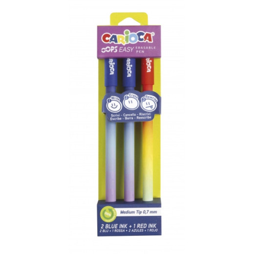 Carioca Oops Easy Pack de 3 Boligrafos Borrables - Tinta Termo Sensible - Cuerpo con Efecto Degradado - Punta de Ø 0.7mm - Doble Goma - Color Varios