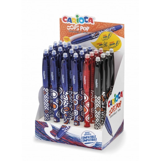 Carioca Oops Expositor de 24 Boligrafos Borrables - Termo Sensible - Empuñadura Texturizada - Punta de Ø 0.7mm - Doble Goma - Recambios Compatibles - Color Varios