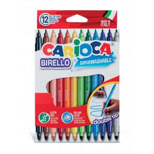 Carioca Birello Pack de 12 Rotuladores - Doble Punta Fina y Media - Tinta Superlavable No Toxica - Lavable de la Piel y Tejidos con Agua y sin Jabon - Color Varios