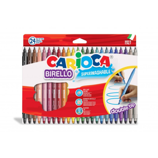 Carioca Birello Pack de 24 Rotuladores - Doble Punta Fina y Media - Tinta Superlavable No Toxica - Lavable de la Piel y Tejidos con Agua y sin Jabon - Color Varios