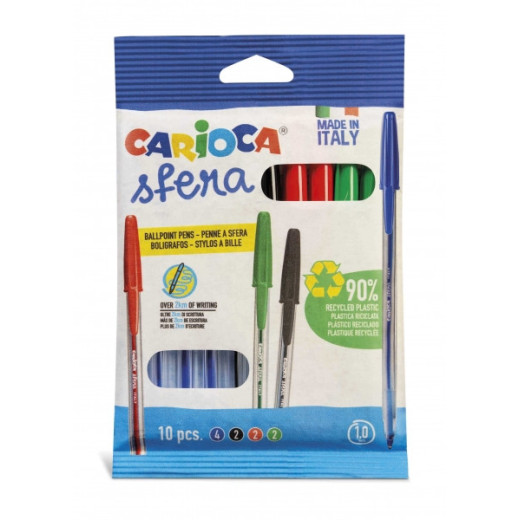 Carioca Sfera Flowpack Pack de 10 Boligrafo - Punta Ø 1mm - Capuchon y Retro del Color de la Tinta - Escritura Super Deslizante - Paquete de Papel - Color Varios