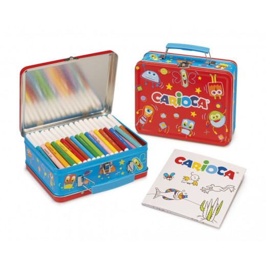 Carioca Pack de 100 Rotuladores Punta Fina y Tinta Superlavable - Caja de Metal - 1 Album para Colorear - Dedicado a Pequeños Artistas - Color Varios