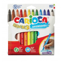 Carioca Bravo Pack de 12 Rotuladores - Cuerpo Octogonal Maxi - Tinta Superlavable - Punta Maxi 6mm Bloqueada - Tapa Ventilada - Colores surtidos