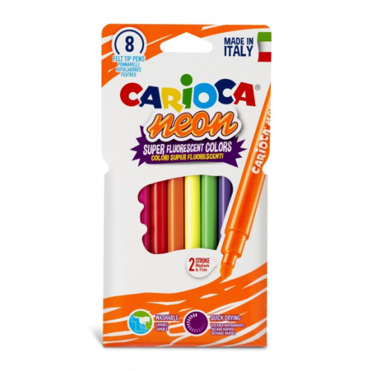 Carioca Neon Pack de 8 Rotuladores - Tinta Fluorescente - Perfecto para Colorear y Subrayar - Lavable de la Piel y Tejidos - Punta Conica para Doble Trazo - Color Varios