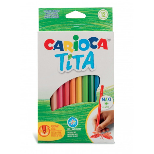 Carioca Tita Maxi Pack de 12 Lapices de Resina - Colores Brillantes y Lavables - Escritura Blanda - Mina Ø 4mm Segura y Resistente - No Se Astilla si Se Rompe - Color Varios