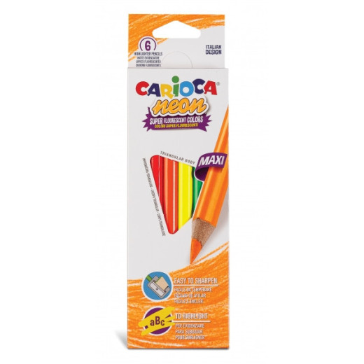 Carioca Pack de 6 Lapices Triangulares Maxi Neon - Colores Fluorescentes - Escritura Blanda - Aptos para Subrayar y Resaltar - Facil Agarre y Sacar Punta - Mina de Ø 5mm - Color Varios