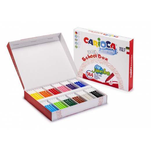 Carioca Jumbo School Box Pack de 144 Rotuladores - Punta Maxi 6mm Bloqueada - Tinta Superlavable - Tapa Ventilada - Ideal para Colegios - Colores Surtidos