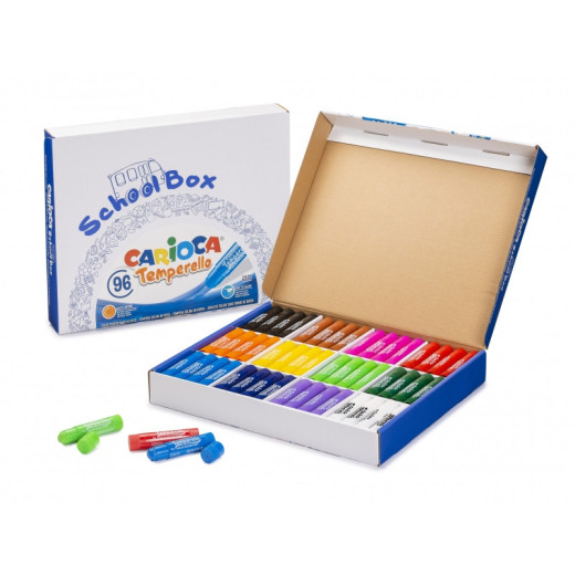 Carioca Temperello School Box Pack de 96 Temperas Solidas - Colores Brillantes y Lavables - Gran Cobertura - Faciles de Mezclar - Acabado Satinado - Secado Rapido - Colores Surtidos