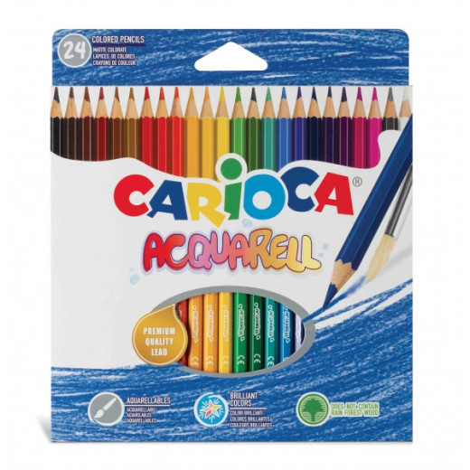 Carioca Acquarell Pack de 24 Lapices Acuarelables - Efecto Acuarela con Agua y Pincel - Colores Intensos - Escritura Suave - Mina de Ø 3.3mm - Color Varios