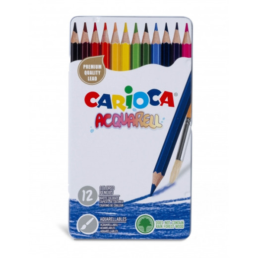 Carioca Acquarell Pack de 12 Lapices Acuarelables - Caja de Metal - Efecto Acuarela con Agua y Pincel - Colores Intensos y Brillantes - Escritura Blanda - Mina de Ø 3.3mm - Color Varios