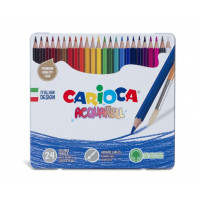 Carioca Acquarell Pack de 24 Lapices Acuarelables - Caja de Metal - Efecto Acuarela con Agua y Pincel - Colores Intensos y Brillantes - Escritura Blanda - Mina de Ø 3.3mm - Color Varios