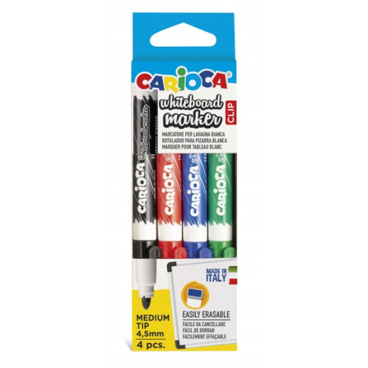 Carioca Whiteboard Clip Pack de 4 Rotuladores Borrables para Pizarras Blancas - Punta Media - Punta de Ø 4.5mm - Tapa con Clip - Secado Rapido - Color Varios
