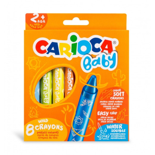 Carioca Pack de 8 Ceras Baby 2+ - Super Suaves - Gran Dimension para Facil Agarre - Escritura Suave - Colores Brillantes y Lavables - Acuarelables con Agua y Pincel - Color Varios