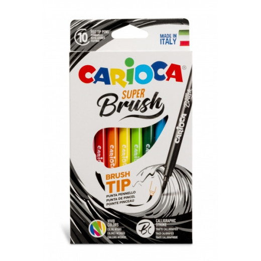 Carioca Super Brush Pack de 10 Rotuladores - Punta Pincel Suave y Flexible - Tinta Lavable - Colores Super Brillantes - Perfecto para Caligrafia y Lettering - Color Varios