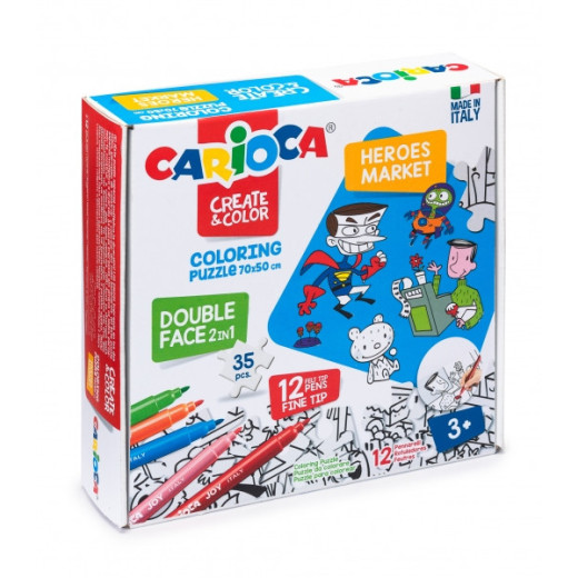 Carioca Coloring Puzzle Super Heroes & Market Puzzle de 35 Piezas a Doble Cara para Colorear + 12 Rotuladores - Carton Duro y Encajes Precisos para Facil Montaje - Colores Surtidos