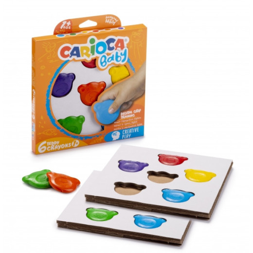 Carioca Teddy Crayons Pack de 6 Ceras de Colores - Certificadas a Partir de 12 Meses - Diseñadas para Entrenar el Agarre Digital - Color Varios
