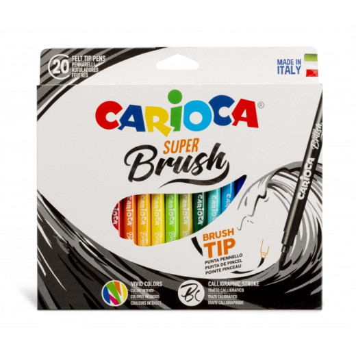 Carioca Super Brush Pack de 20 Rotuladores - Punta Pincel Suave y Flexible - Tinta Lavable - Colores Super Brillantes - Perfecto para Caligrafia y Lettering - Color Varios