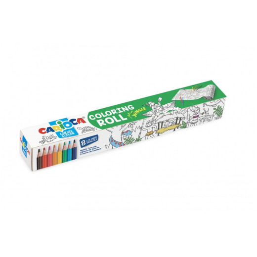 Carioca Coloring Roll Jungle Papel Adhesivo para Colorear - Aplicable en Superficies Verticales u Horizontales - Reutilizable sin Residuos - Incluye 8 Lapices de Colores - Color Varios