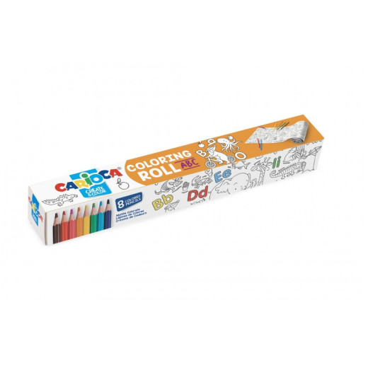 Carioca Coloring Roll Abc Rollo de Papel Adhesivo para Colorear - Aplicable en Superficies Verticales u Horizontales - Pegable y Despegable sin Residuos - Incluye 8 Lapices de Colores - Color Varios