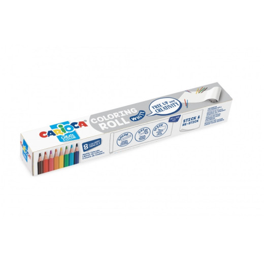 Carioca Coloring Roll White Rollo de Papel Adhesivo para Colorear + 8 Lapices de Colores Surtidos - Aplicable en Superficies Verticales u Horizontales - Reutilizable sin Residuos