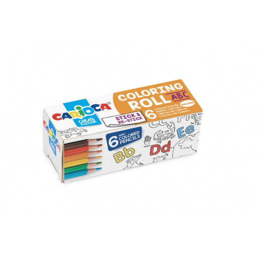 Carioca Mini Coloring Roll Abc de Papel Adhesivo para Colorear + 6 Lapices de Colores - Aplicable en Superficies Verticales u Horizontales - Reutilizable sin Residuos