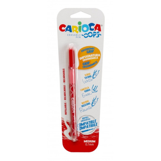 Carioca Oops Boligrafo Borrable - Tinta Roja - Termo Sensible - Empuñadura Ergonomica Triangular - Punta de Ø 0.7mm - Doble Goma - Recambios Compatibles - Color Rojo