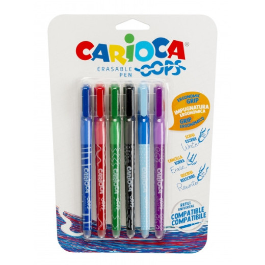 Carioca Oops Pack de 6 Boligrafos Borrables - Tinta Termo Sensible - Empuñadura Ergonomica Triangular - Punta de 0.7mm - Doble Goma - Recambios Compatibles - Color Varios