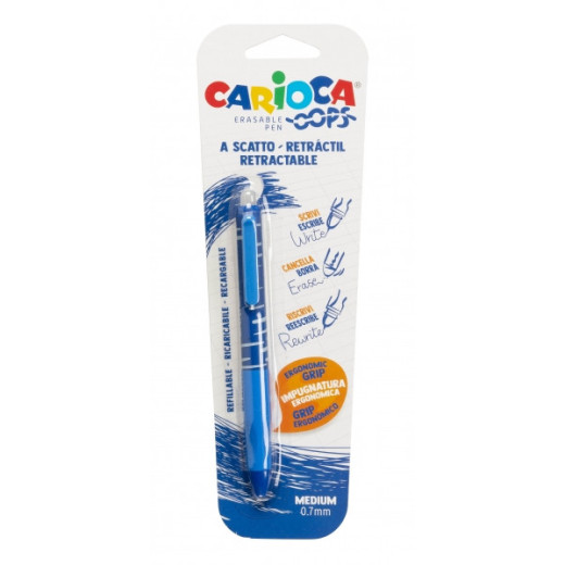 Carioca Oops Boligrafo Borrable - Termo Sensible - Empuñadura Ergonomica Triangular - Punta de Ø 0.7mm - Recambios Compatibles - Color Azul